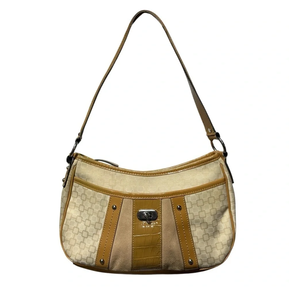 Nine West Baguette Hand Bag Purse Neutral Tan Cream Old Money Snakeskin Vegan